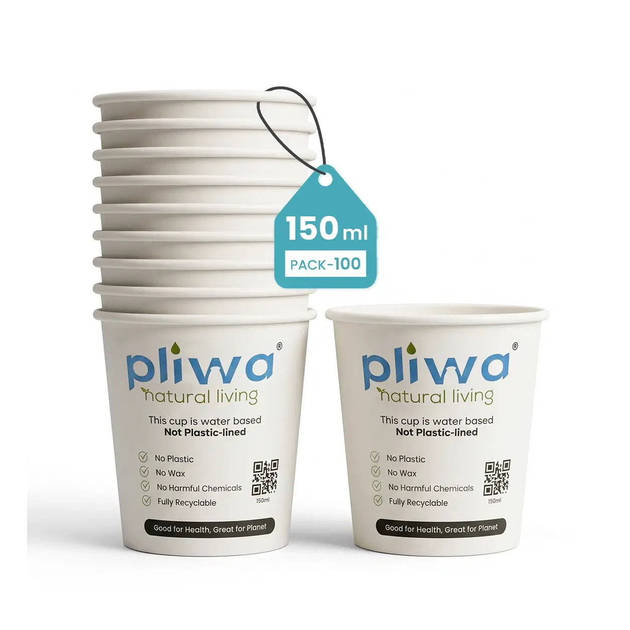Pliwa | Paper Cup | Plastic Free | Water Based Coat (Aqueous) | 150 ml - Pack of 100 | for Hot & Cold | Eco-Friendly