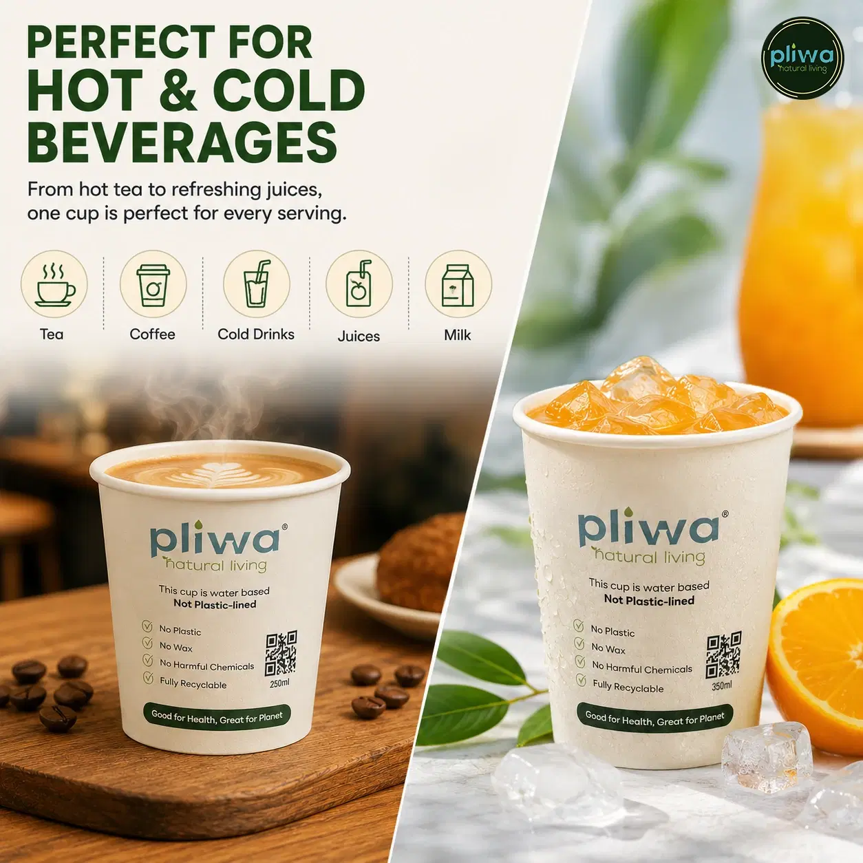 Pliwa | Paper Cup | Plastic Free | Water Based Coat (Aqueous) | 250 ml - Pack of 50 | for Hot & Cold | Eco-Friendly