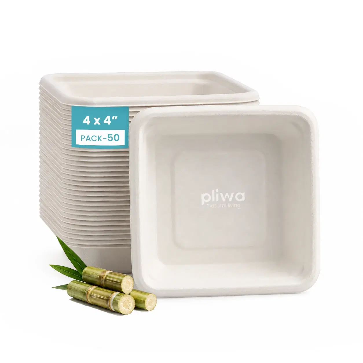 Pliwa Disposable Bowl |  Dona | 4*4 - Pack of 100 | Non Toxic, Compostable | Sturdy, Microwave Safe, Leak-Resistant | Sugarcane Bagasse Eco-Friendly Square Bowl  (White)