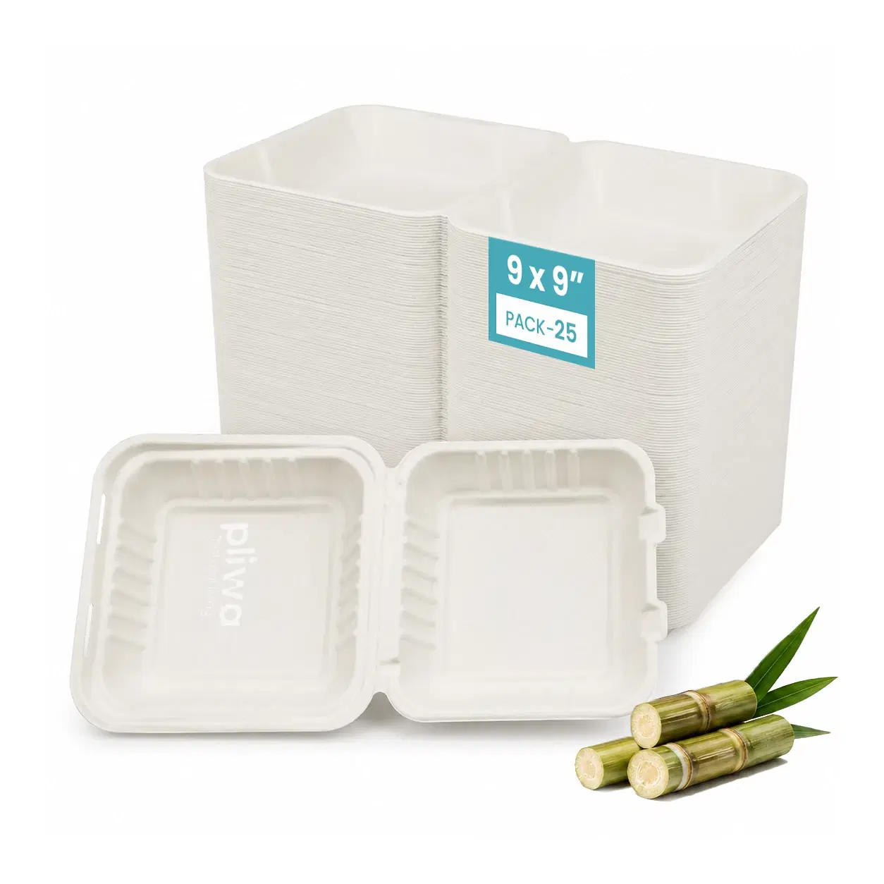 Pliwa | Disposable Clamshell | Burger Box | 9x9 - Pack of 25 | for Takeaway & Food Storage | Non Toxic, Compostable | Sturdy, Microwave Safe, Leak-Resistant | Eco-Friendly Square Clamshell (White)
