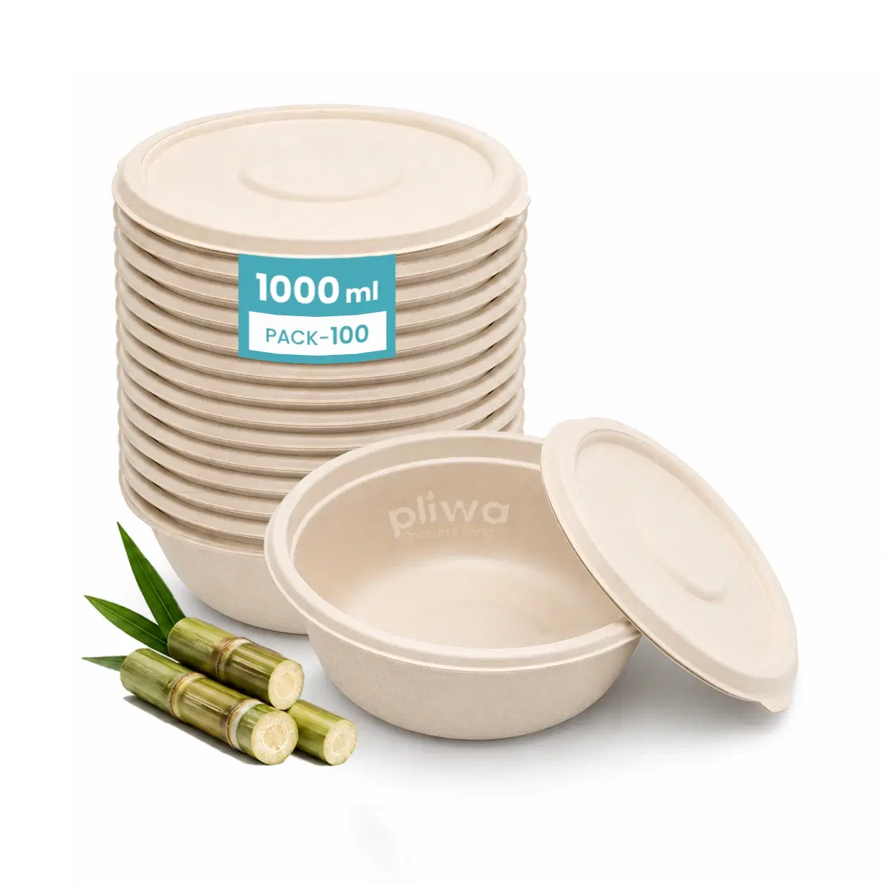 Pliwa | Disposable Round Container with Lid | 1000 ml - Pack of 25 | for Takeaway & Food Storage | Sturdy, Microwave Safe, Leak-Resistant | Sugarcane Bagasse Eco-Friendly Round Container (B.White)