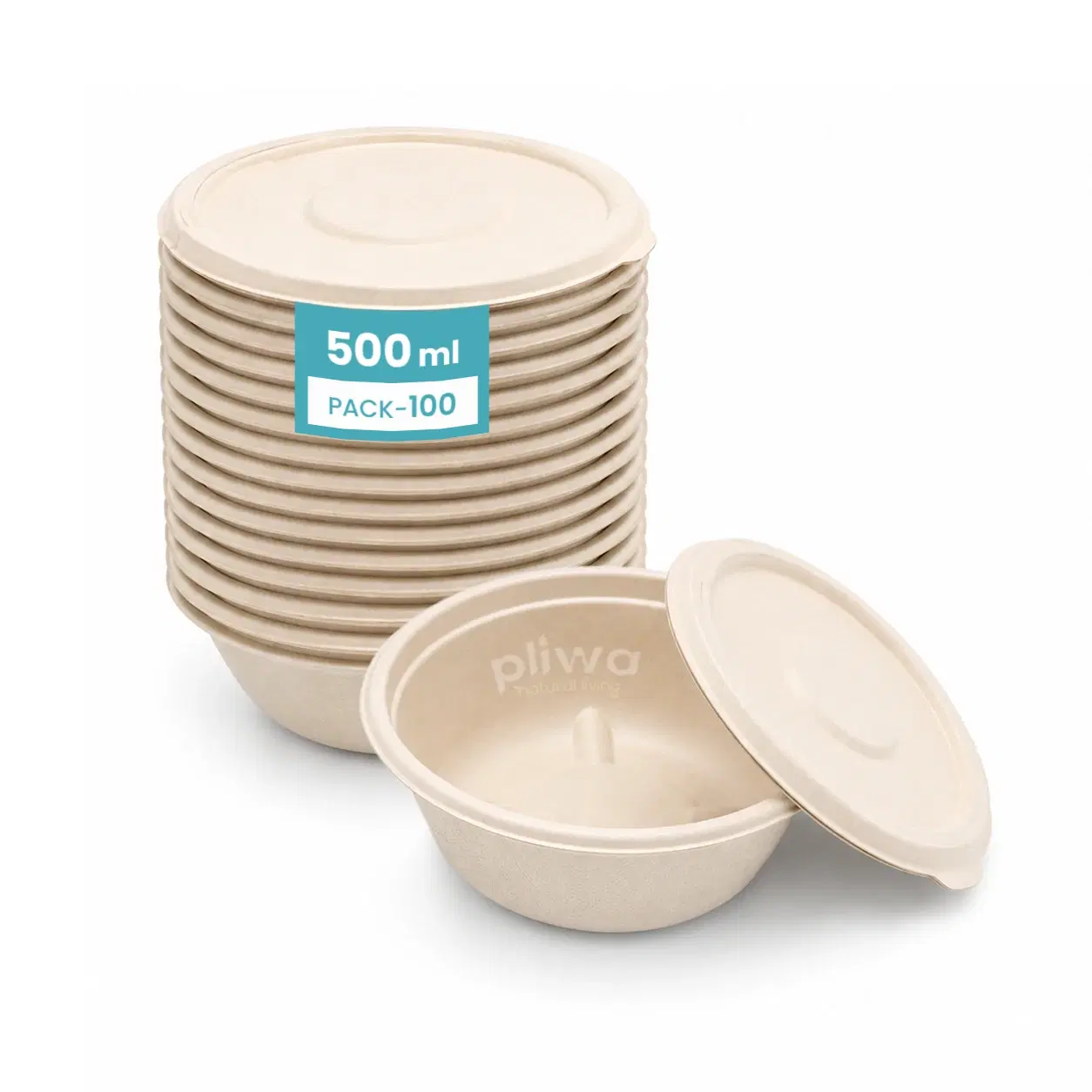 Pliwa | Disposable Round Container with Lid | 500 ml - Pack of 25 | for Takeaway & Food Storage | Sturdy, Microwave Safe, Leak-Resistant | Sugarcane Bagasse Eco-Friendly Round Container (B.White)