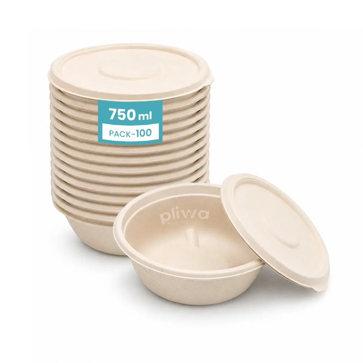 Pliwa | Disposable Round Container with Lid | 750 ml - Pack of 25 | for Takeaway & Food Storage | Sturdy, Microwave Safe, Leak-Resistant | Sugarcane Bagasse Eco-Friendly Round Container (B.White)