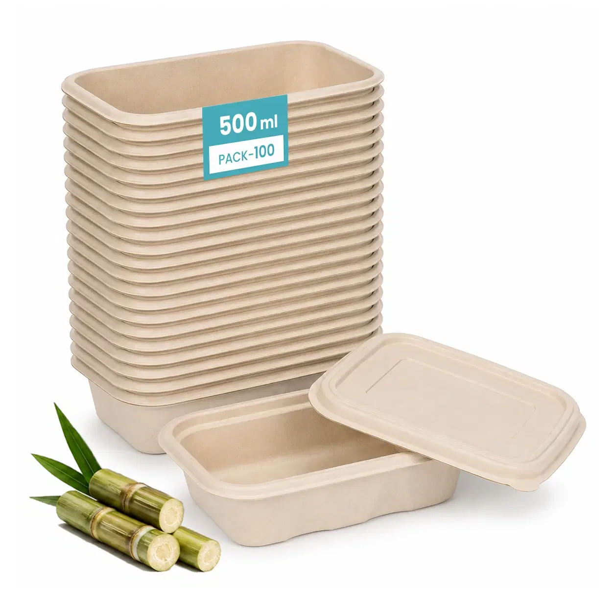 Pliwa | Disposable Rectangular Container with Lid | 500 ml - Pack of 25 | for Takeaway & Food Storage | Sturdy, Microwave Safe, Leak-Resistant | Sugarcane Bagasse Eco-Friendly Square Container (B.White)