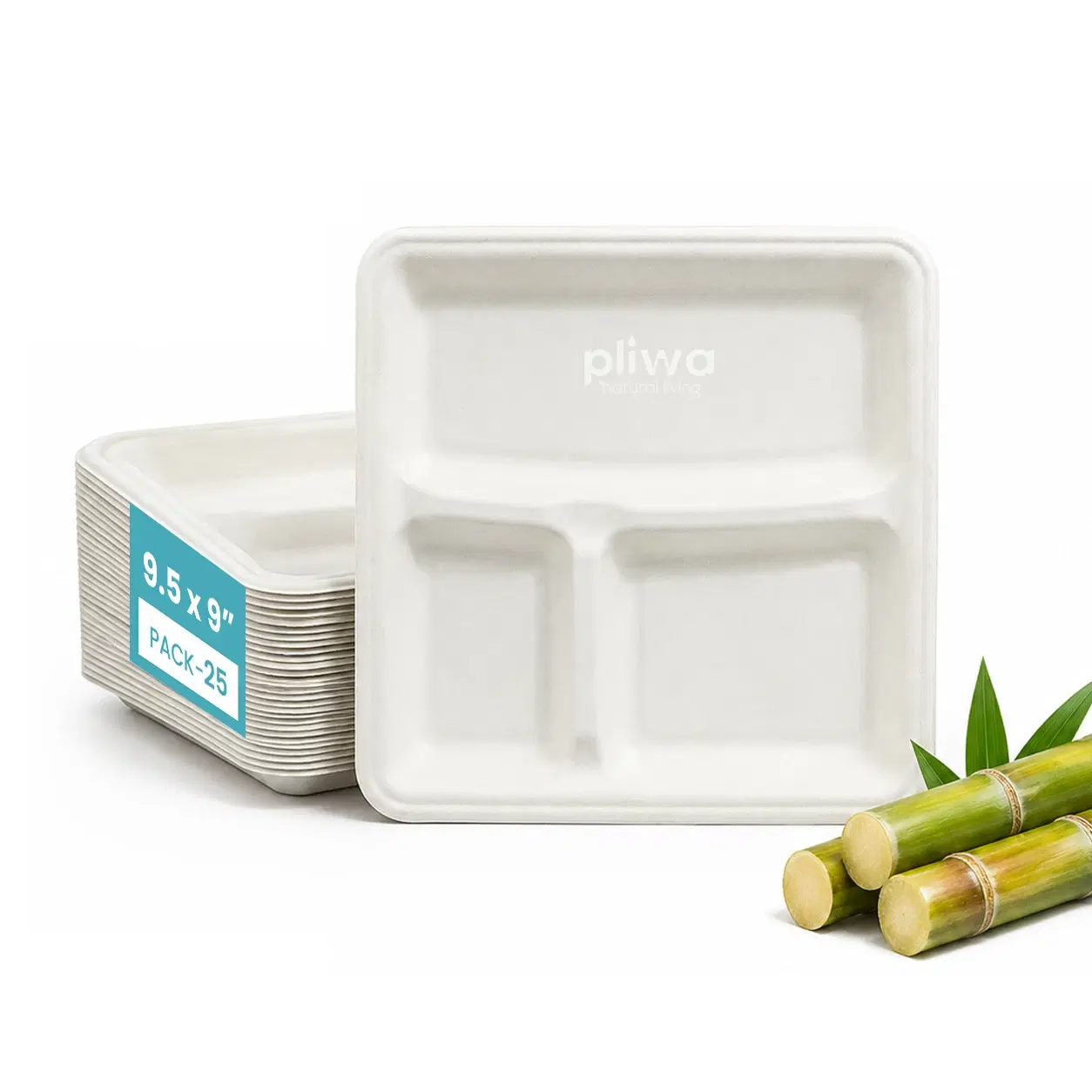 Pliwa Disposable Bagasse Meals Tray | 3 Compartment | Pack of 25 | Non Toxic, Compostable | Sturdy, Microwave Safe, Leak-Resistant | Sugarcane Bagasse Eco-Friendly Square Plates (White)