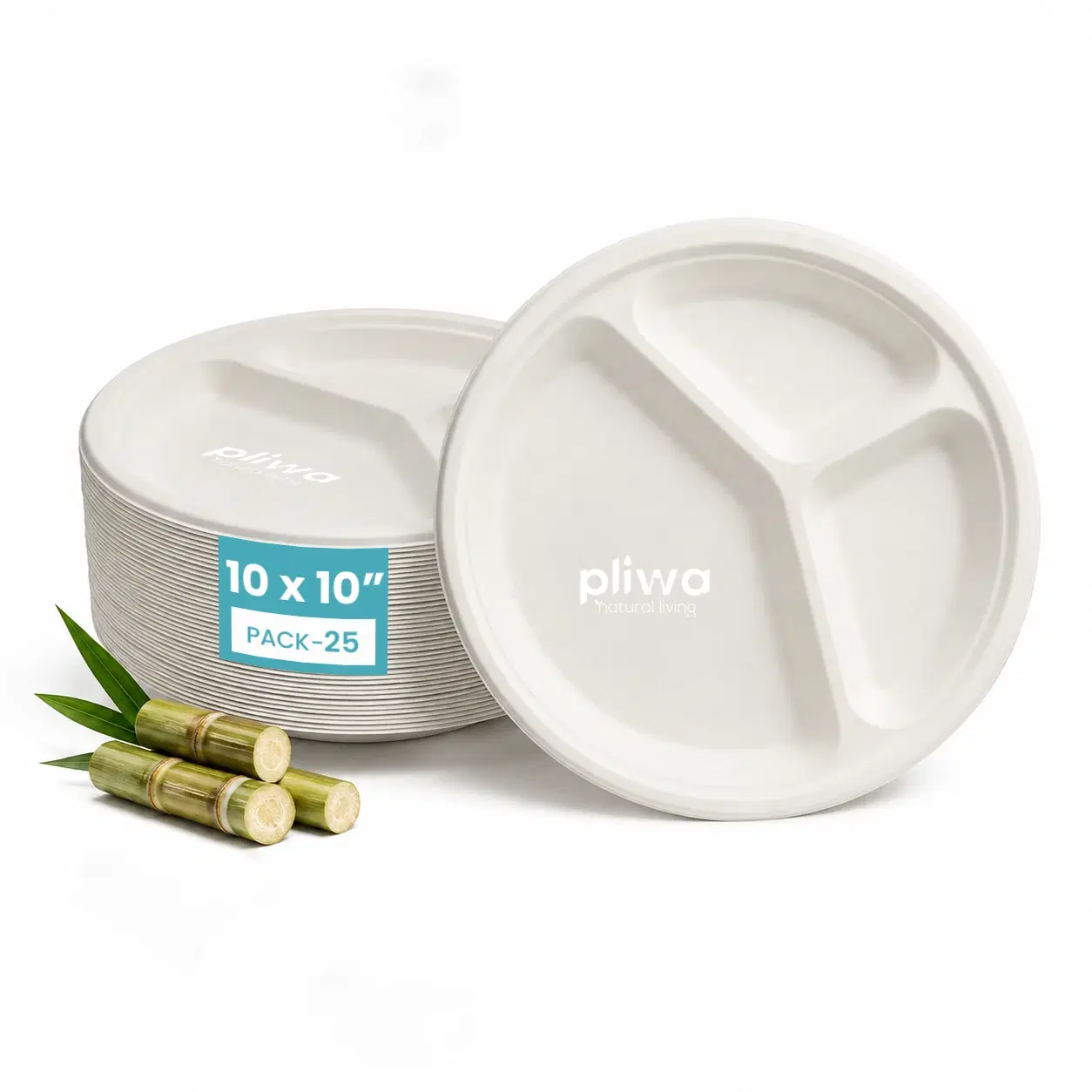 Pliwa Disposable Bagasse Plates | 3 Compartment | 10 inch - Pack of 25 | Non Toxic, Compostable | Sturdy, Microwave Safe, Leak-Resistant | Sugarcane Bagasse Eco-Friendly Round Plates (White)