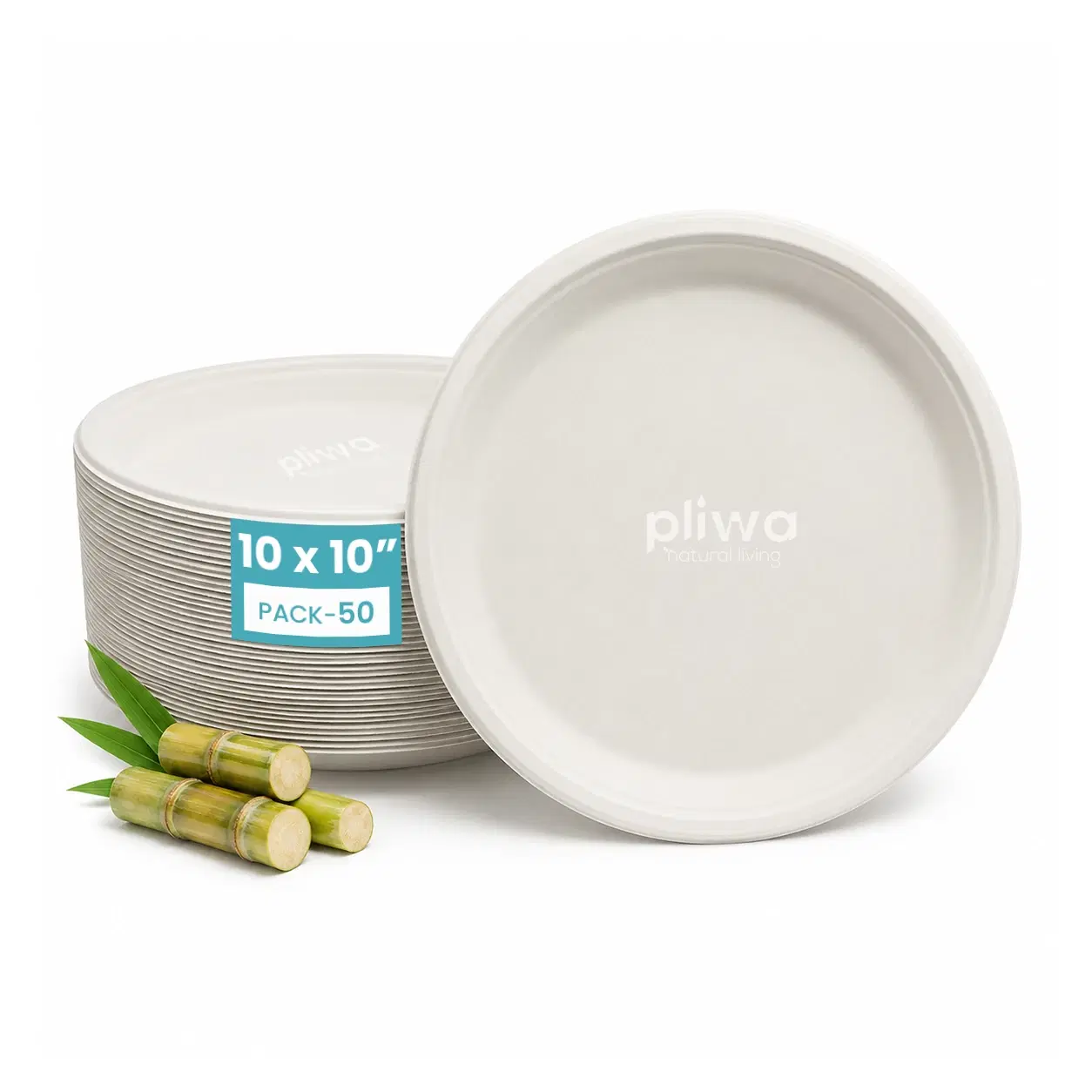 Pliwa Disposable Bagasse Plates | 10 inch - Pack of 25 | Non Toxic, Compostable | Sturdy, Microwave Safe, Leak-Resistant | Sugarcane Bagasse Eco-Friendly Round Plates (White)