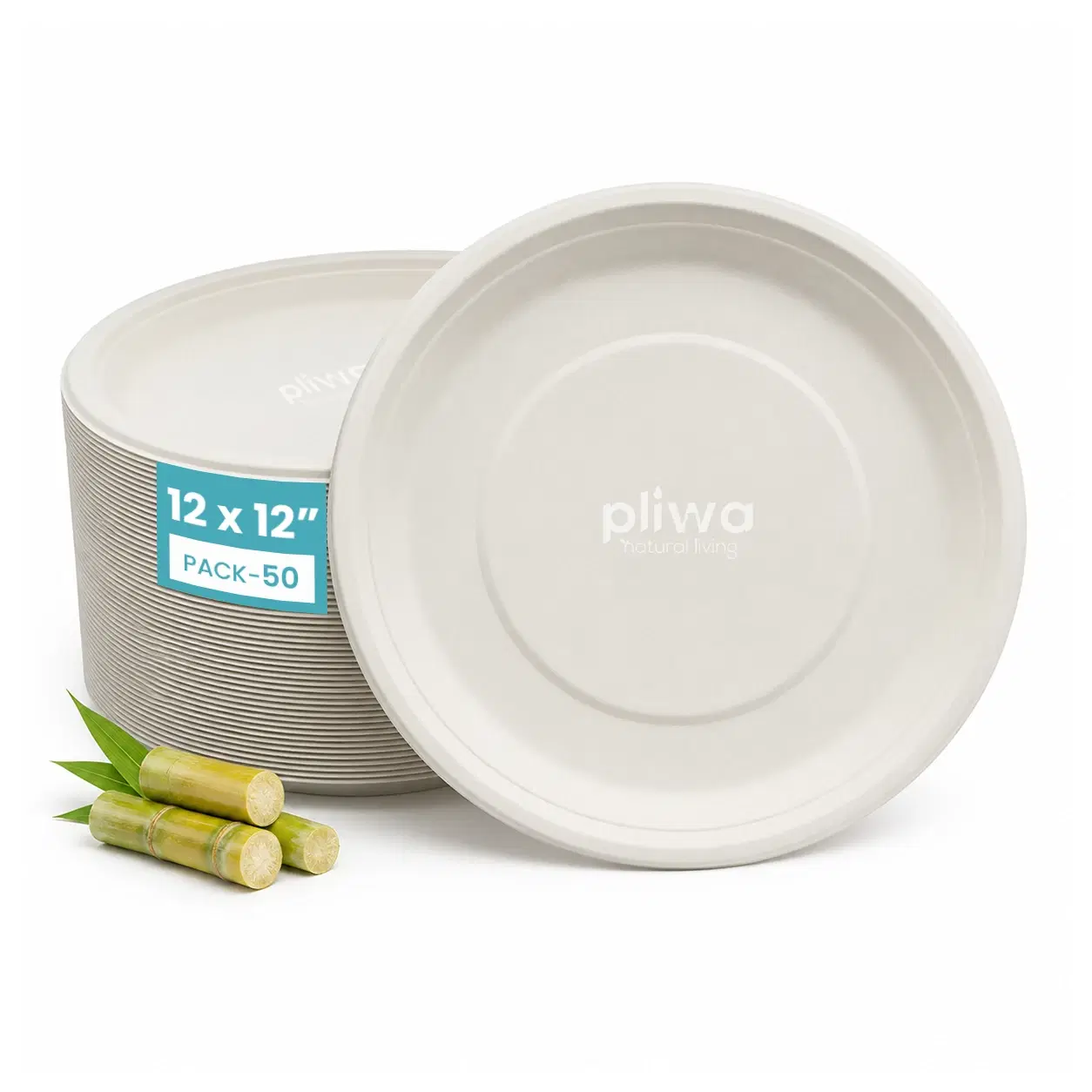 Pliwa Disposable Bagasse Plates | 12 inch - Pack of 25 | Non Toxic, Compostable | Sturdy, Microwave Safe, Leak-Resistant | Sugarcane Bagasse Eco-Friendly Round Plates (White)