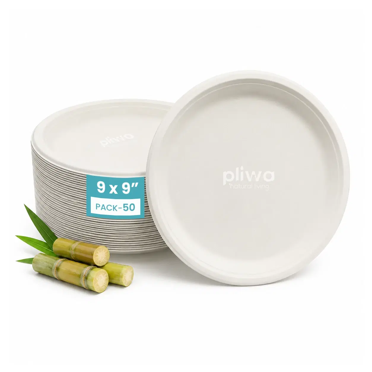 Pliwa Disposable Bagasse Plates | 9 inch - Pack of 50 | Non Toxic, Compostable | Sturdy, Microwave Safe, Leak-Resistant | Sugarcane Bagasse Eco-Friendly Round Plates (White)
