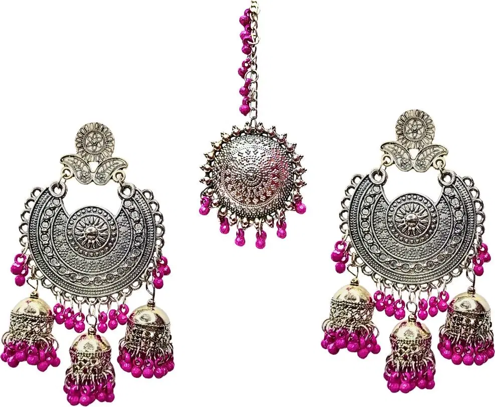 Tahaniya Pushpika Mohor Pearl Cascade Maang Tika Chandbali Earring