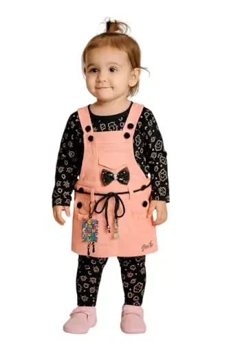 Baby girl denim dungaree set with printed top and leggings in multiple colours