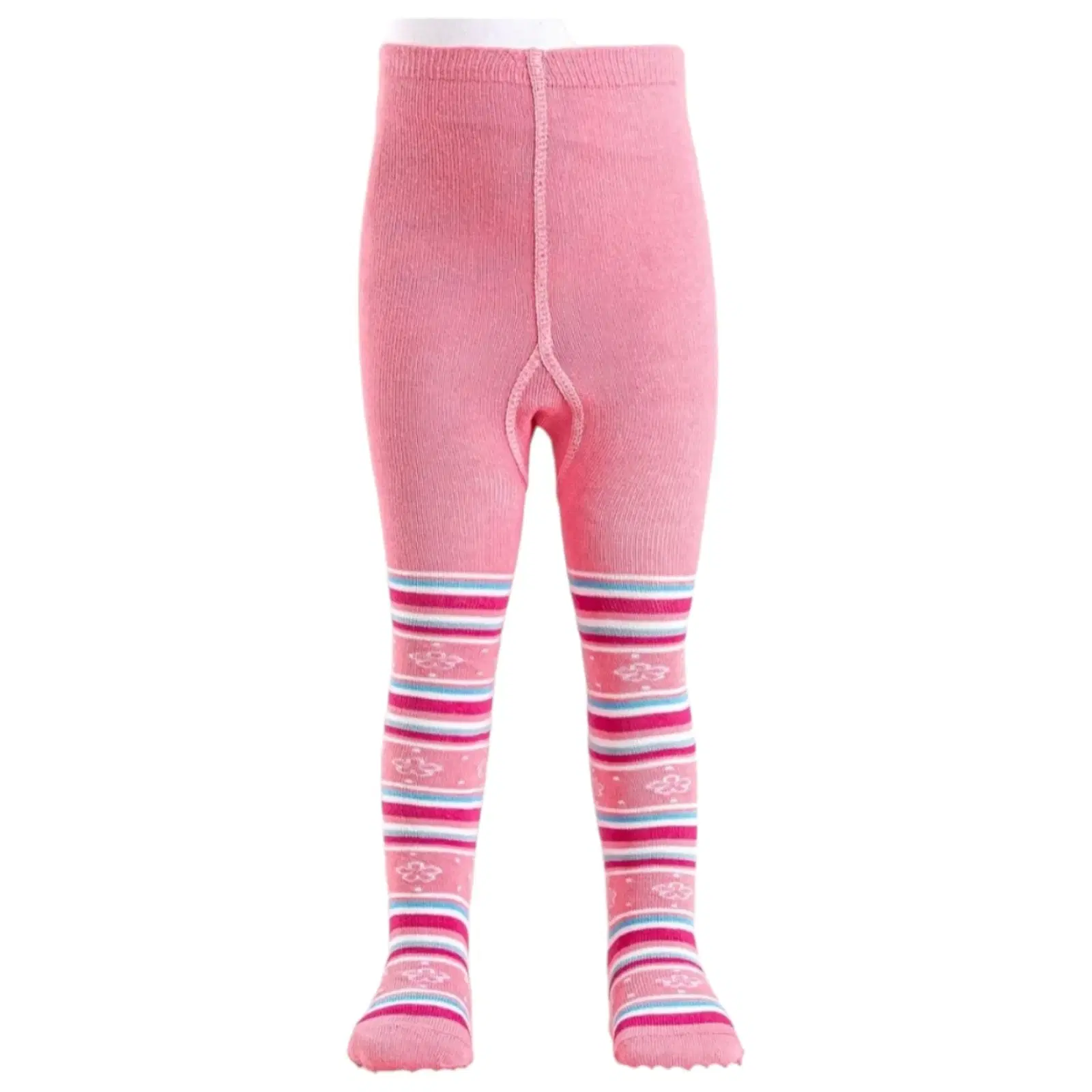 Pink baby tights with multicolor striped legs and small floral patterns
