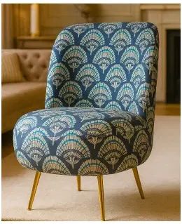 Blue And Beige Floral Velvet Upholstered Accent Ottoman Chair With Wooden Legs