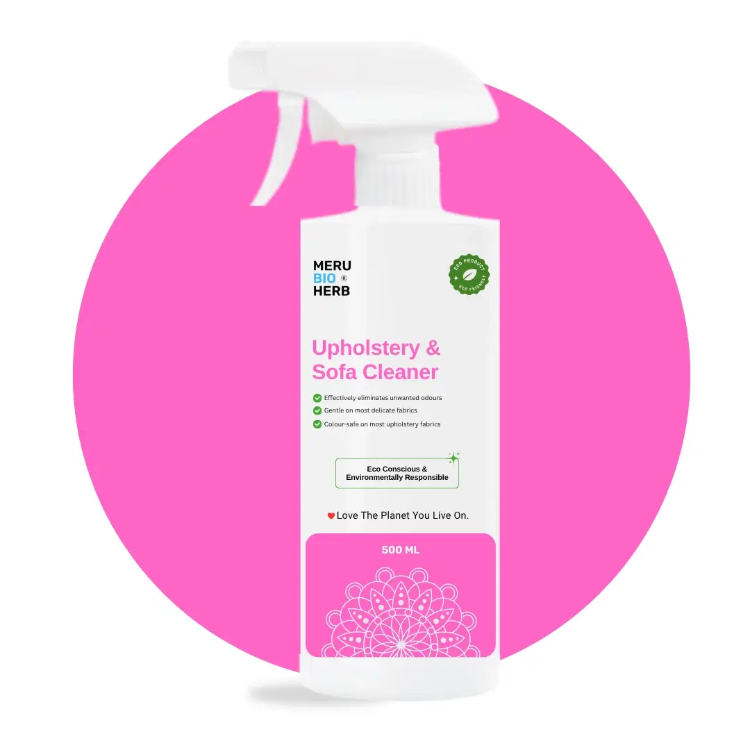Meru Bio Herb Upholstery & Sofa Cleaner 500 ml spray bottle on pink background