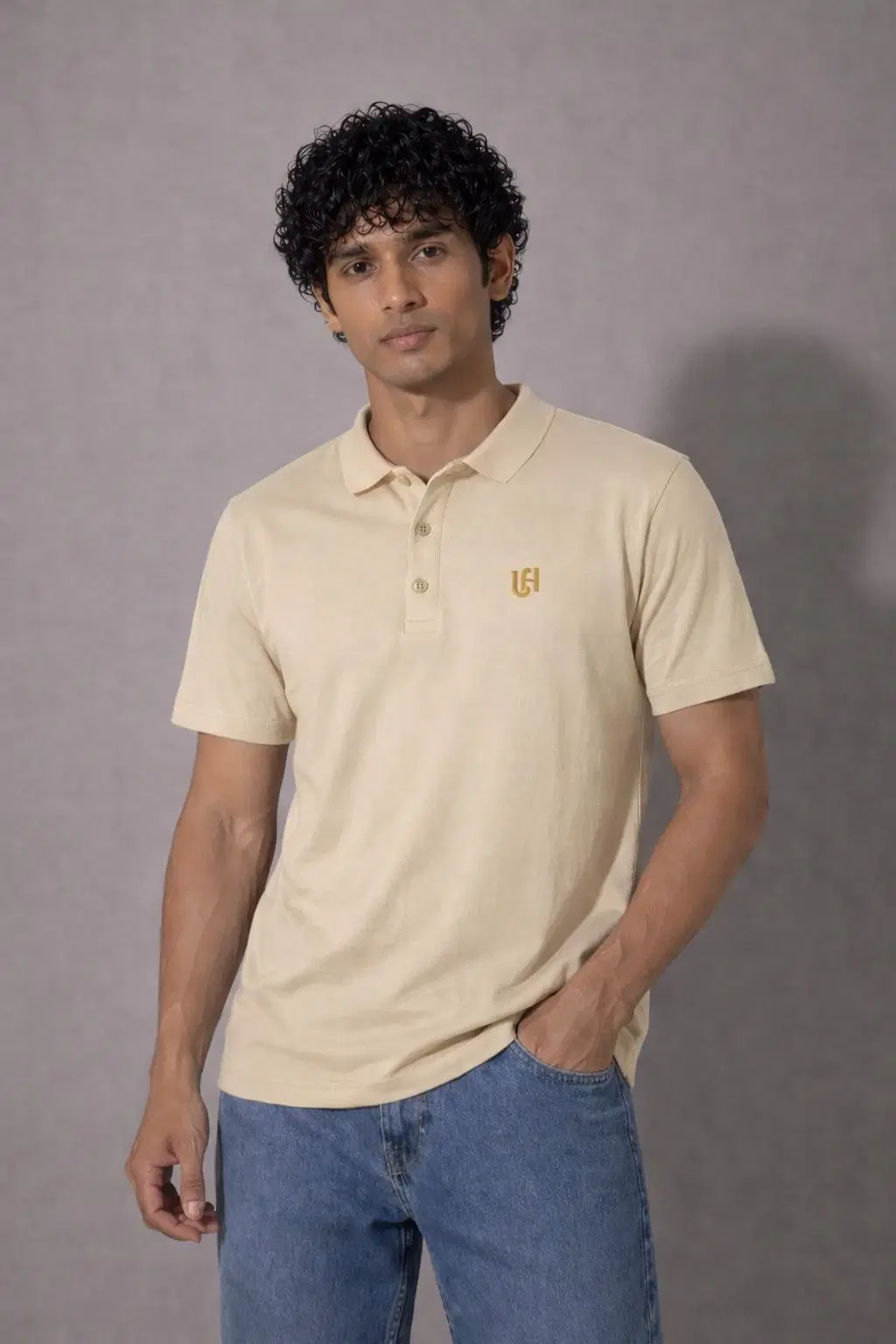 Men's Solid Beige Polo T-Shirt