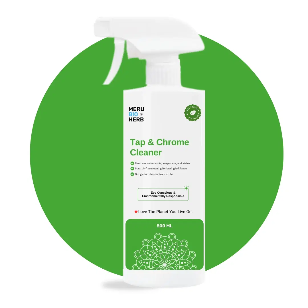 Meru Bio Herb Tap & Chrome Cleaner 500 ml spray bottle on green circular background