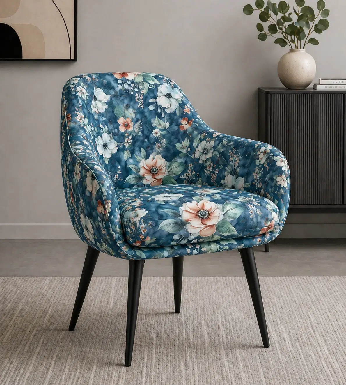 Floral Blue Accent Chair With Houndstooth Cushion