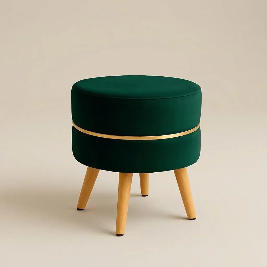 Elegant Green Velvet Ottoman Stool With Gold Accent And Wooden Legs