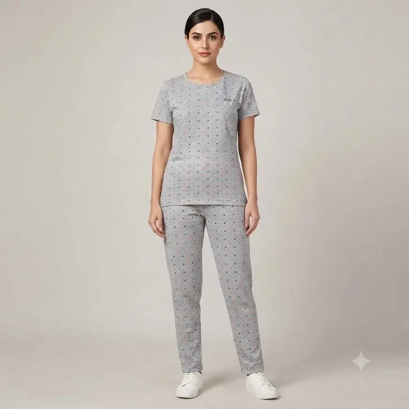 Women's Grey Printed Cotton Short Sleeve T-shirt & Pajama Loungewear Set