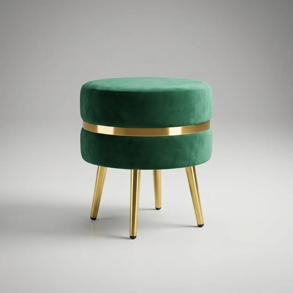 Green Velvet Accent Stool With Golden Legs And Zipper Detail