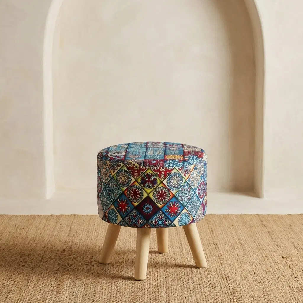 Elegant Multicolor Velvet Ottoman Stool With Wooden Legs