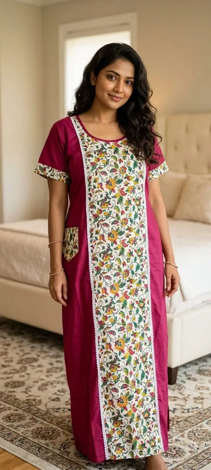 Woman wearing a magenta full-length nightdress with floral printed front panel and short sleeves