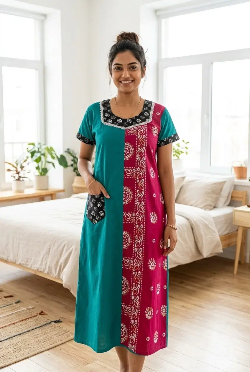 Woman wearing a teal and magenta printed full-length nighty dress with short sleeves and side pocket