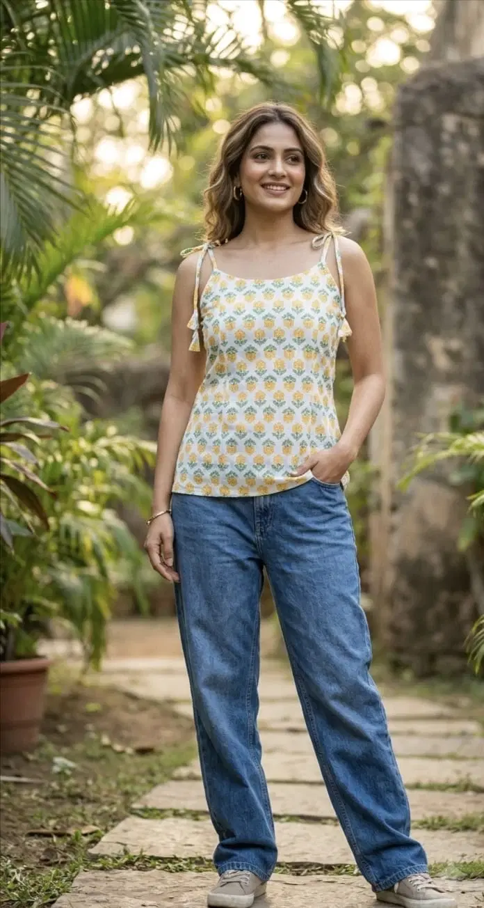Yellow Floral Print Tie-Strap Top with Tassels