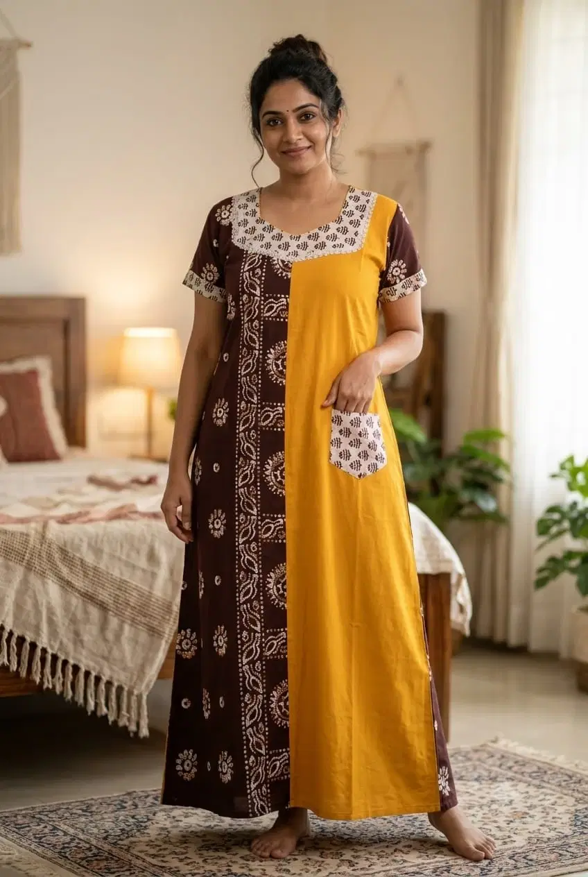 Woman wearing a mustard and brown printed full-length nighty with short sleeves and a front pocket