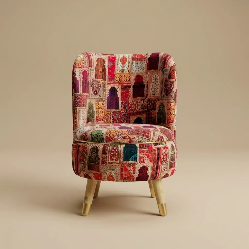 Multicolor Hawa Mahal Ottoman Chair With Wooden Legs