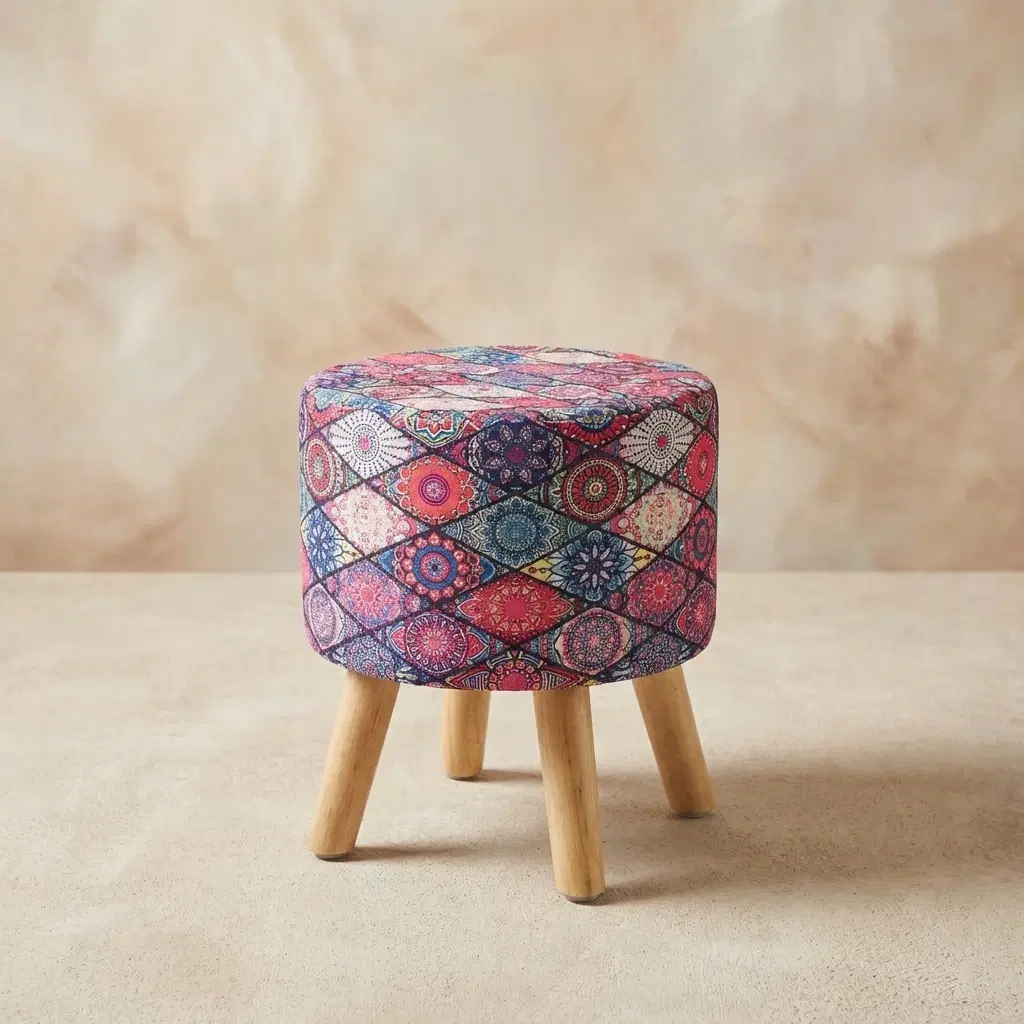 Colorful Printed Velvet Ottoman Stool With Wooden Legs