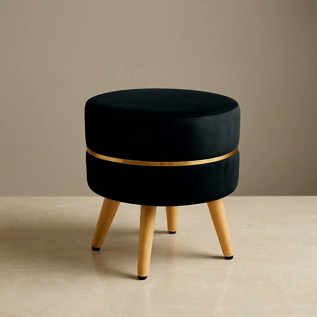 Black Upholstered Accent Stool With Wooden Legs