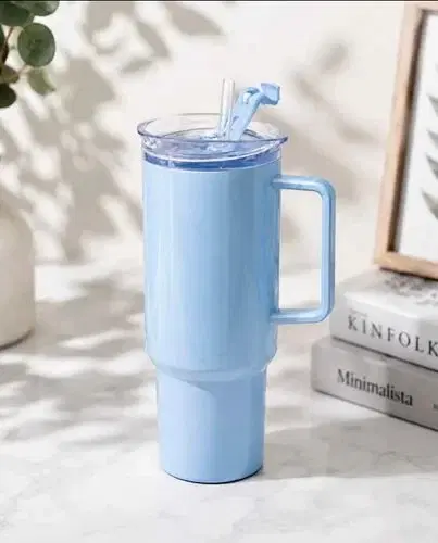 Blue Insulated Tumbler Mug with Handle and Straw