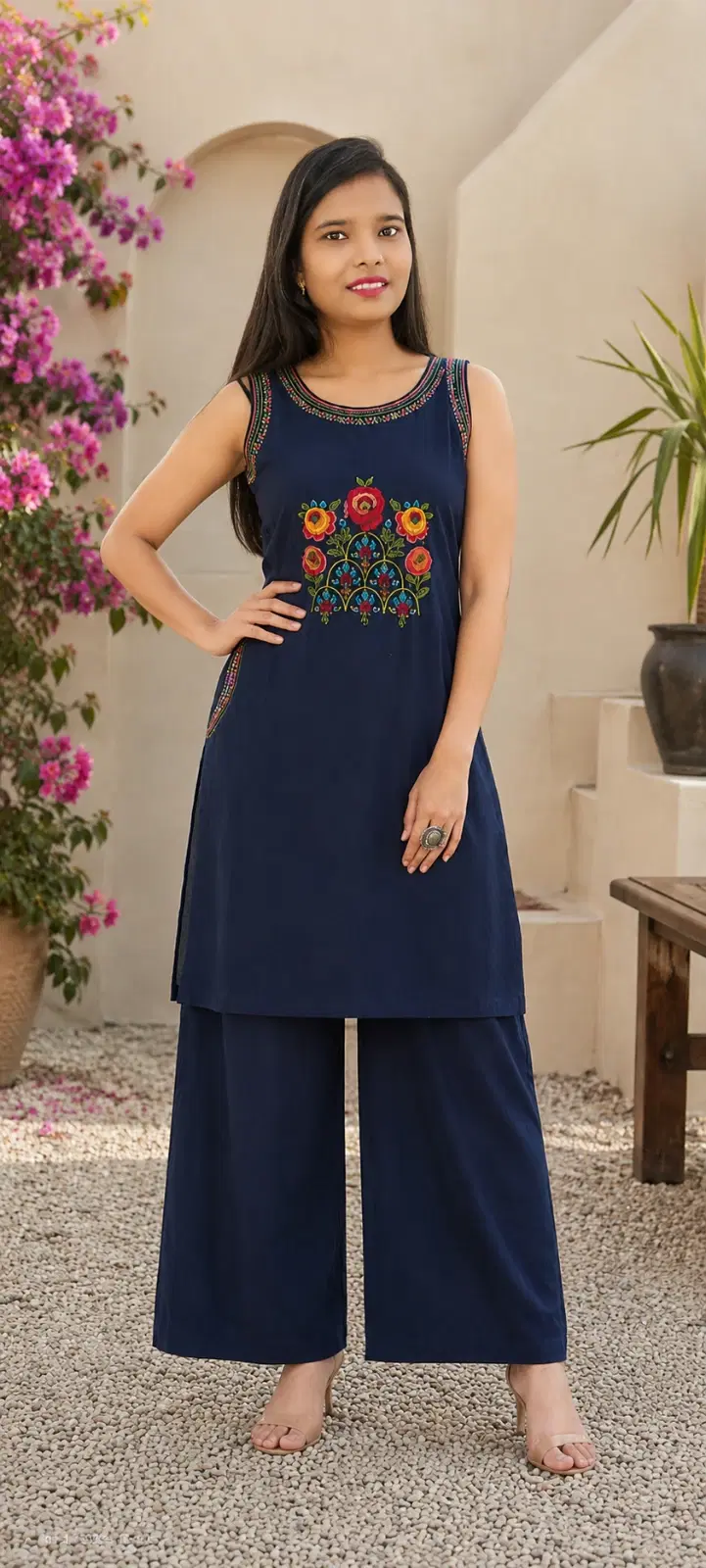Women's Navy Blue Embroidered Sleeveless Kurta with Palazzo Set