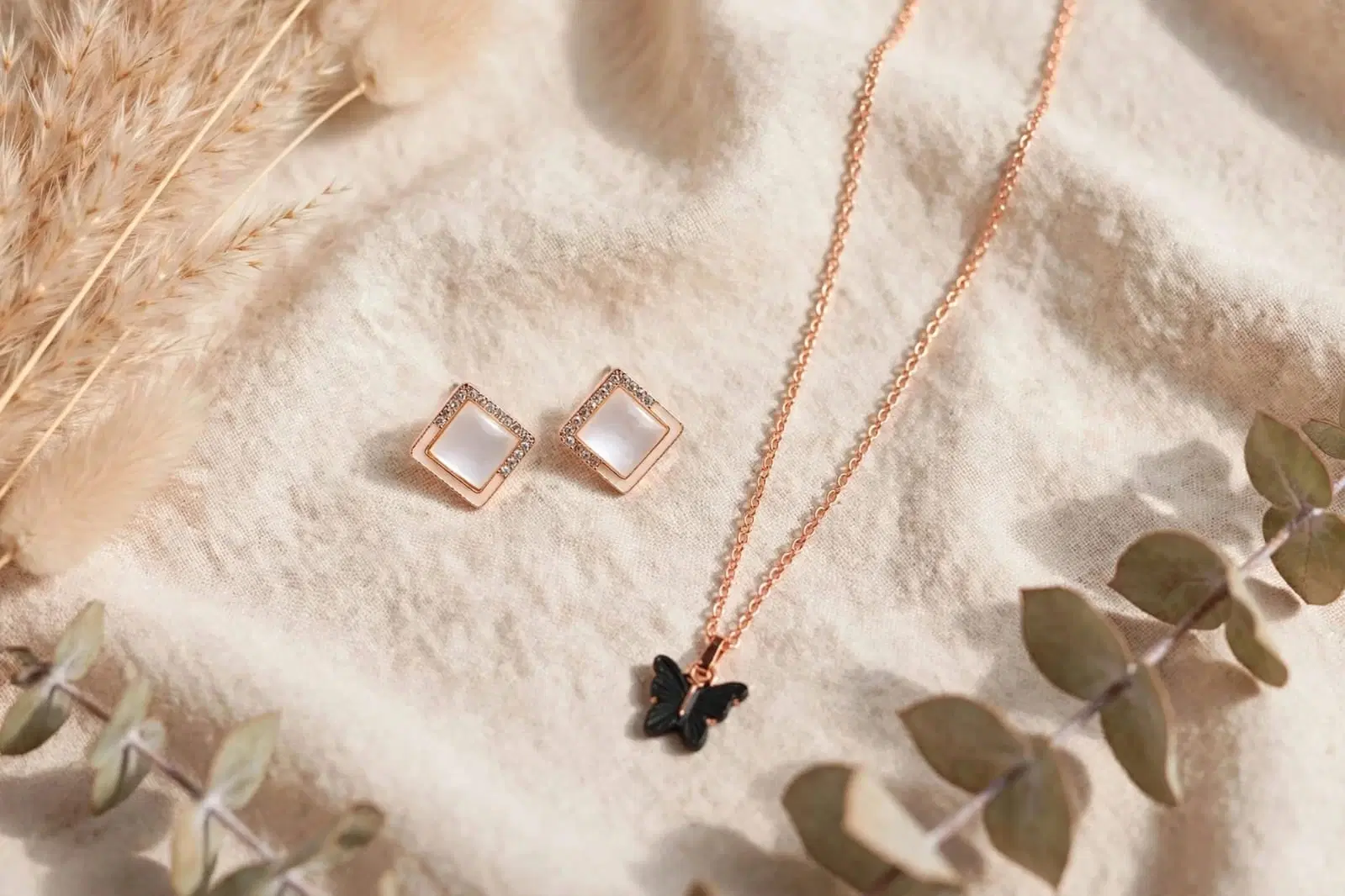 Rose Gold Butterfly Pendant Necklace with Square Stud Earrings Set