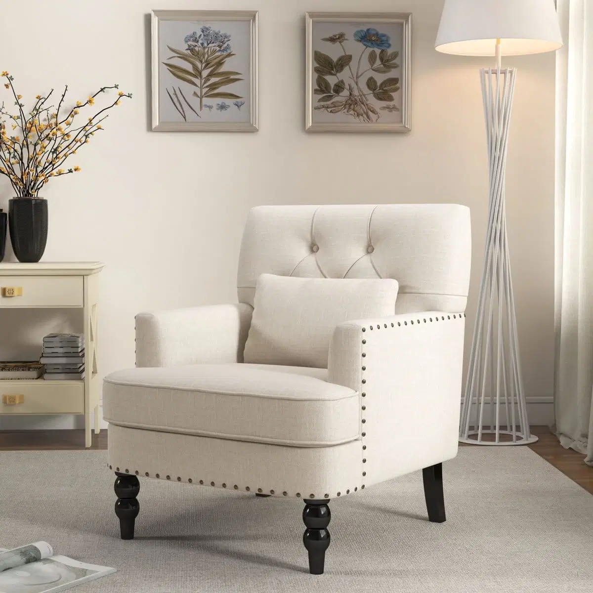 Thefurnishery HIMOl Tufted Armchair with Nailhead Trim - Beige Polyester Blend - Button-Tufted Accent Chair with Lumbar Pillow & Turned Wood Legs
