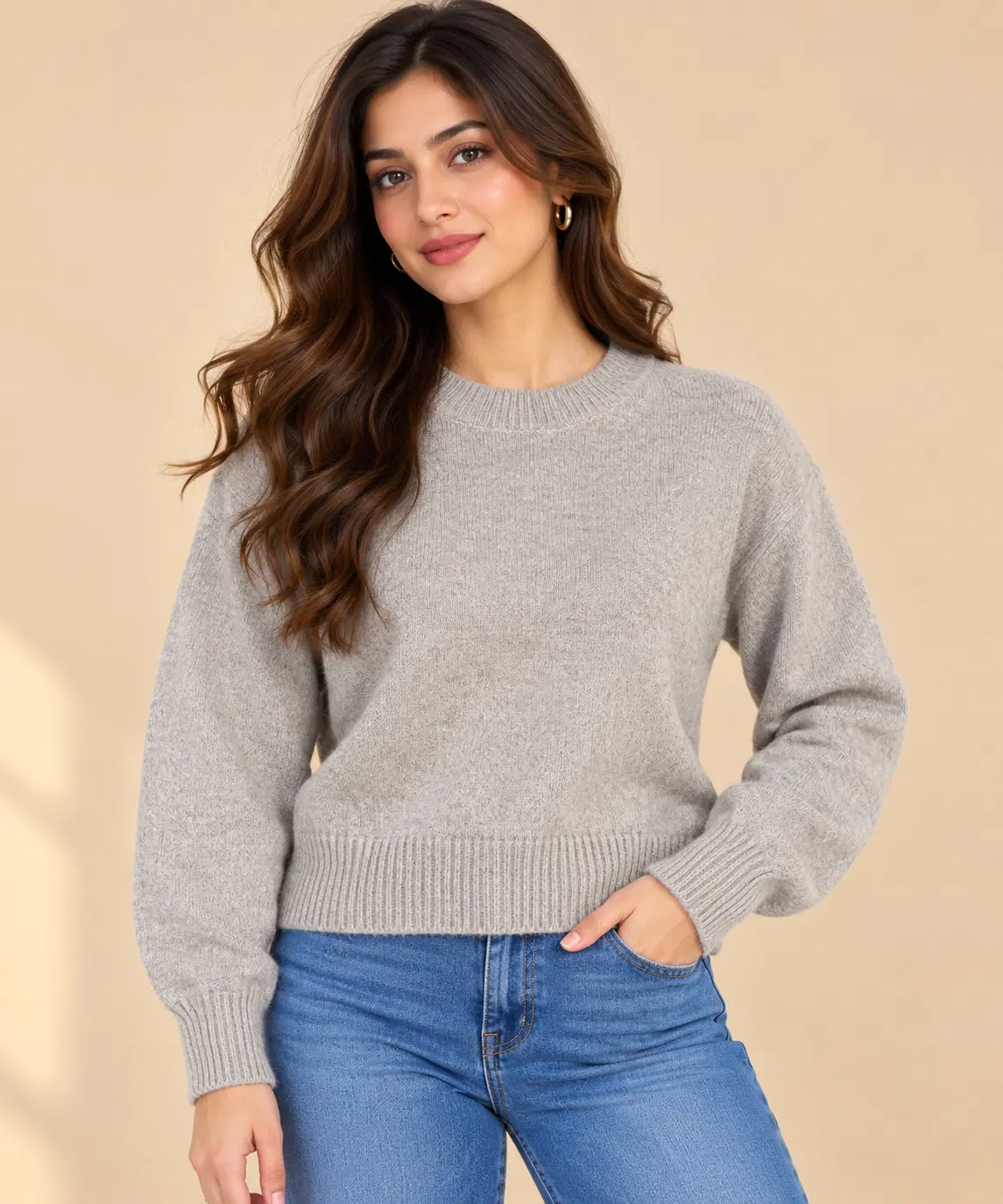 Women's Grey Crew Neck Knit Sweater