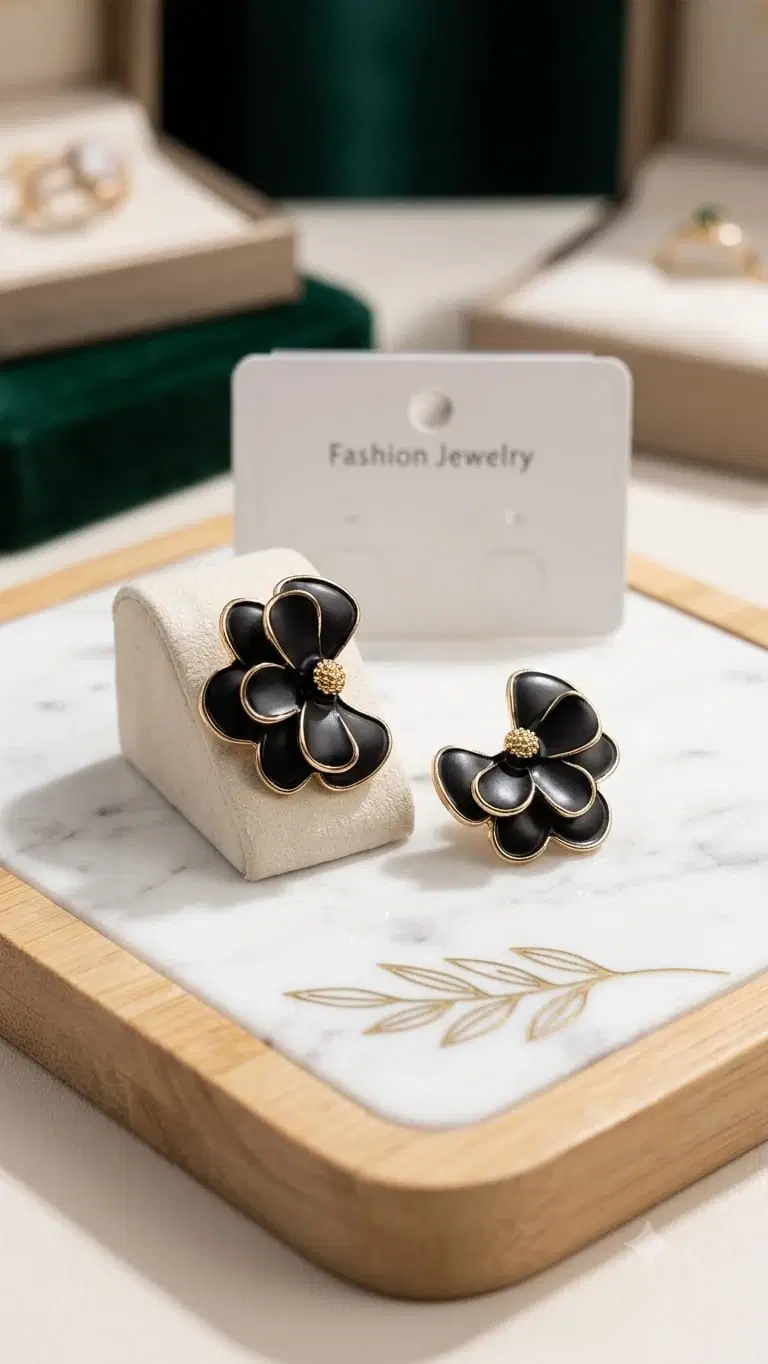 Black Floral Pearl Stud Earrings for Women, Gold-Toned Flower Ear Tops